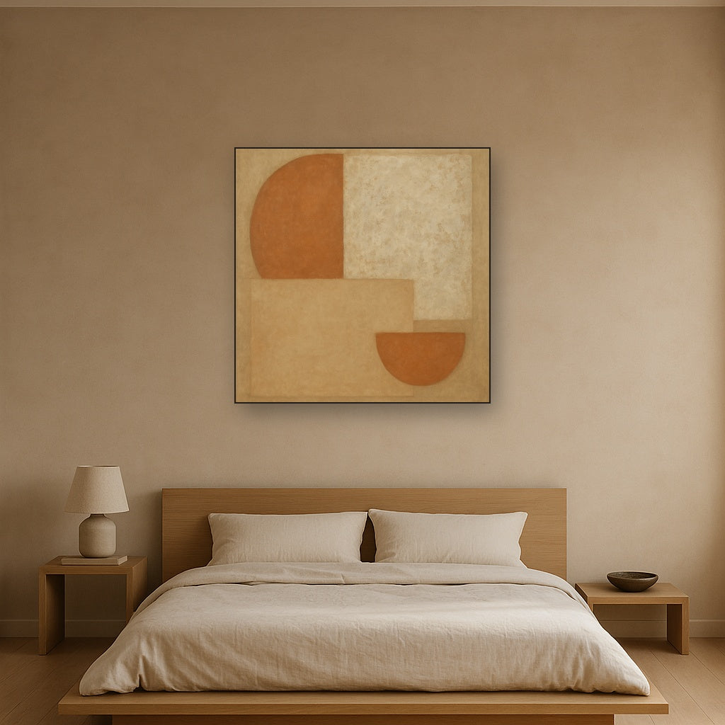 Earthy Terracotta & Weathered Plaster Wash No. 18 Oil Painting Staged Above Master Bed in Bedroom, Calming Neutral Hand Painted Oil Art