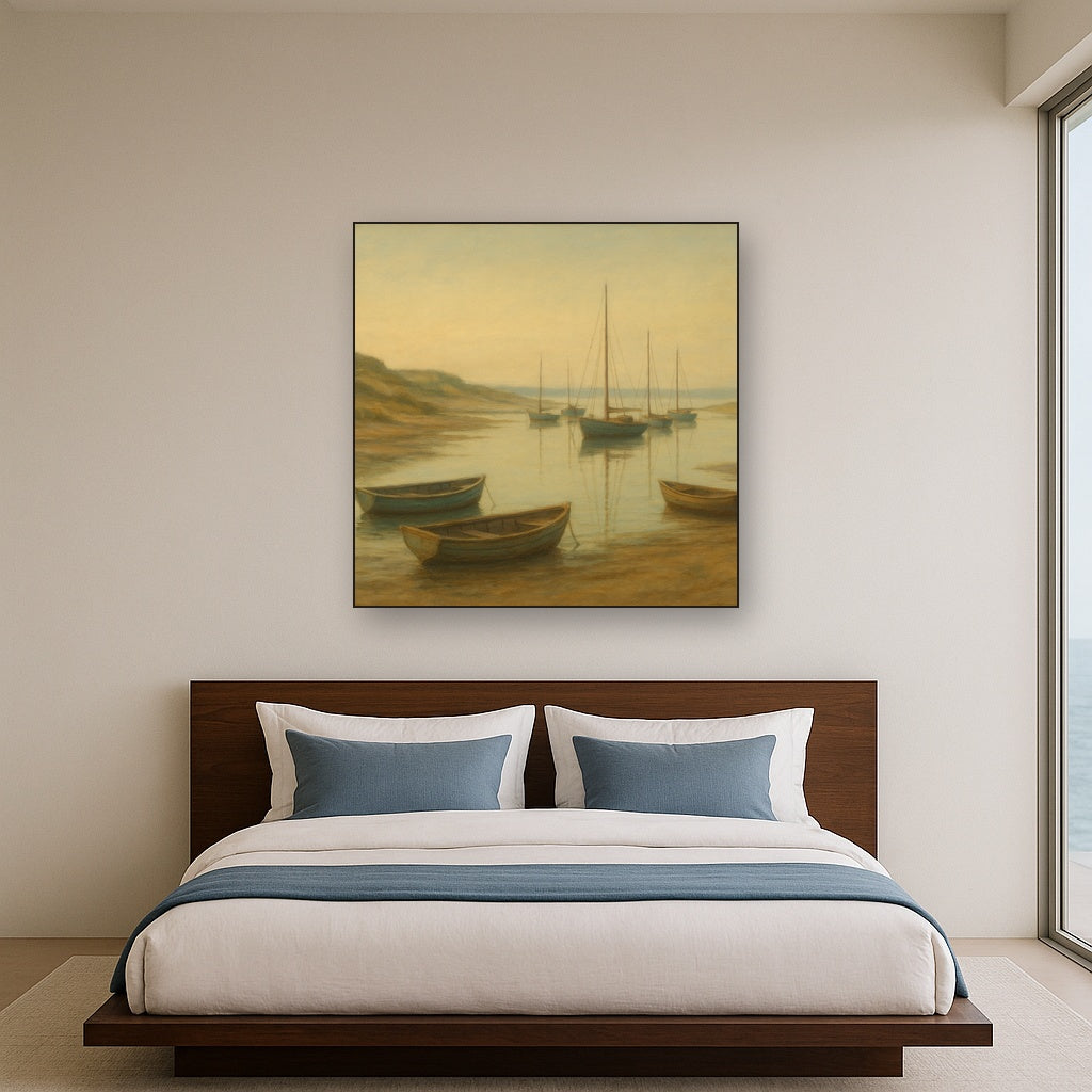 Quiet Fishing Harbor at Morning Low Tide No. 14 Oil Painting Staged Above Master Bed in Bedroom, Calming Neutral Hand Painted Oil Art