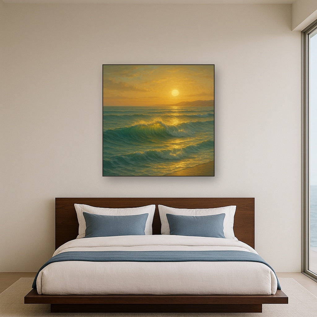Golden Hour Sunlight on Ocean Swells No. 4 Oil Painting - View 3