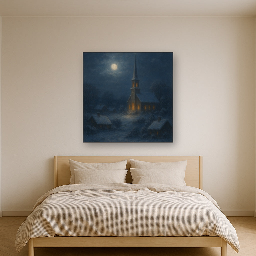 Moonlight Over Snowy Village Steeple No. 8 Oil Painting - View 3