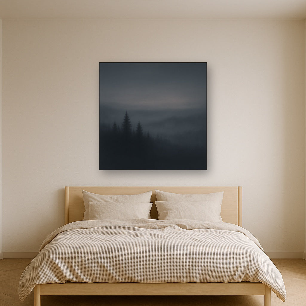 Dusk over Silent Pine Ridgeline in Charcoal Fog No. 18 Oil Painting Staged Above Master Bed in Bedroom, Calming Neutral Hand Painted Oil Art