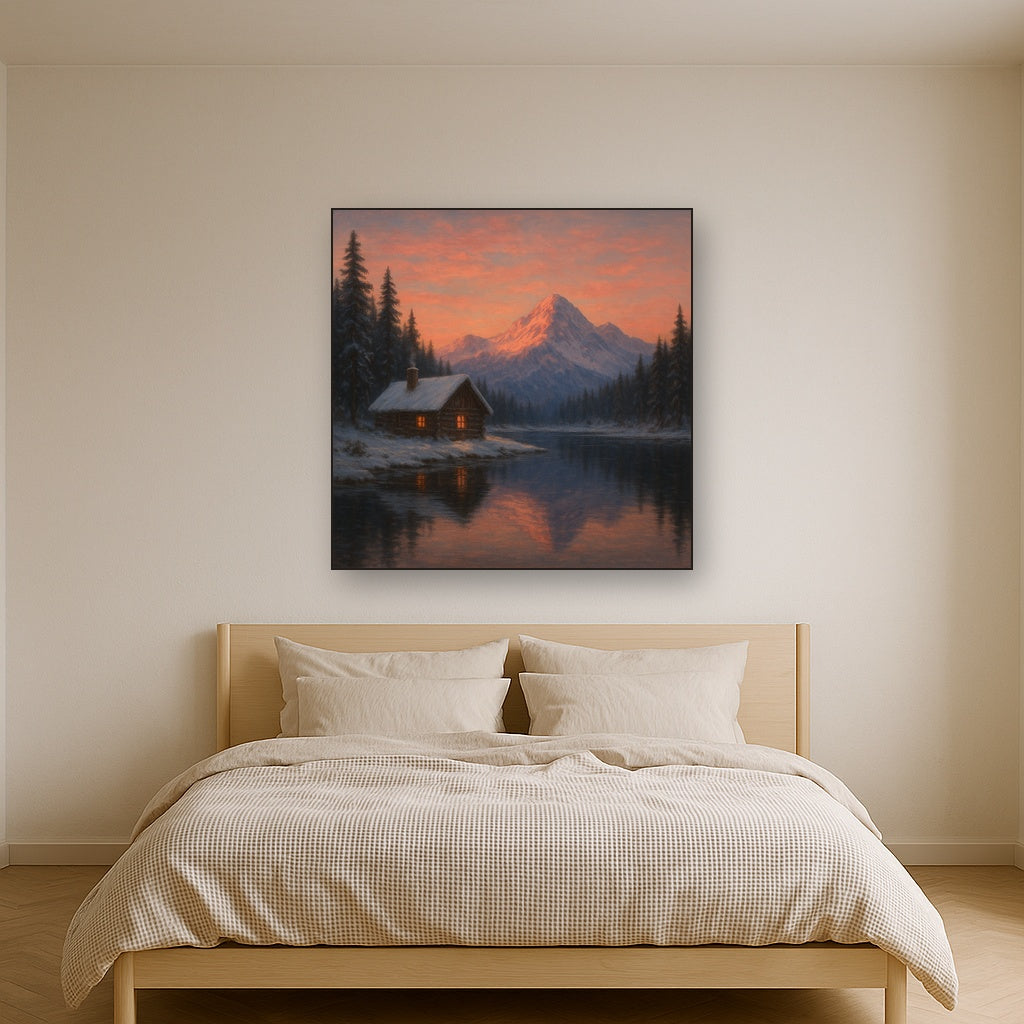 Winter Solstice Mountain Cabin Reflection No. 2 Oil Painting - View 3