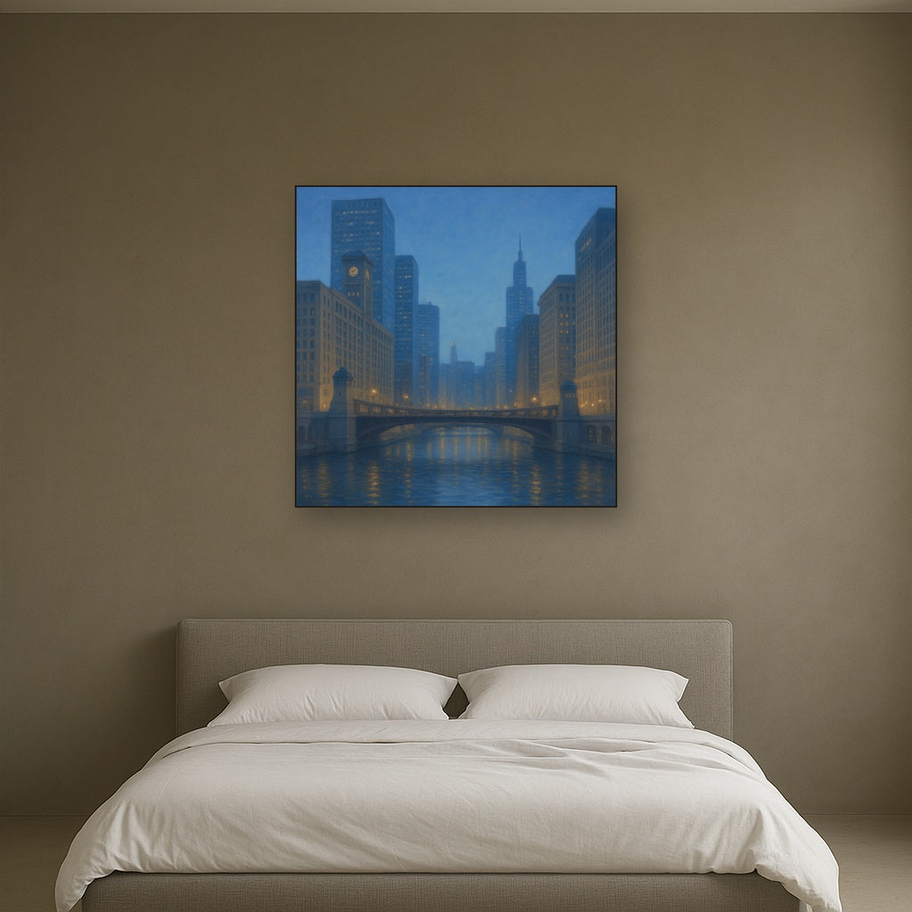 Chicago Riverfront Architecture at Blue Hour No. 10 Oil Painting - View 3