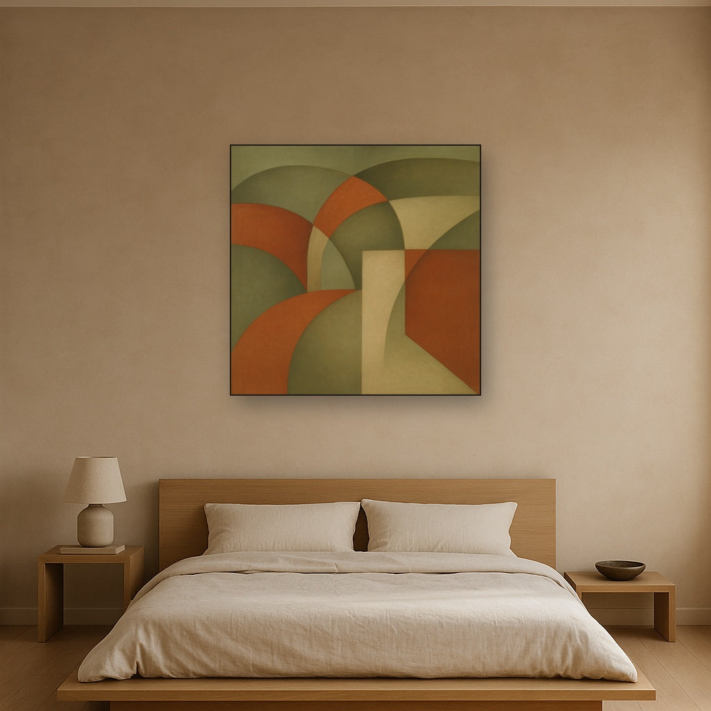 Intersecting Curved Forms in Olive & Rust No. 23 Oil Painting Staged Above Master Bed in Bedroom, Calming Neutral Hand Painted Oil Art