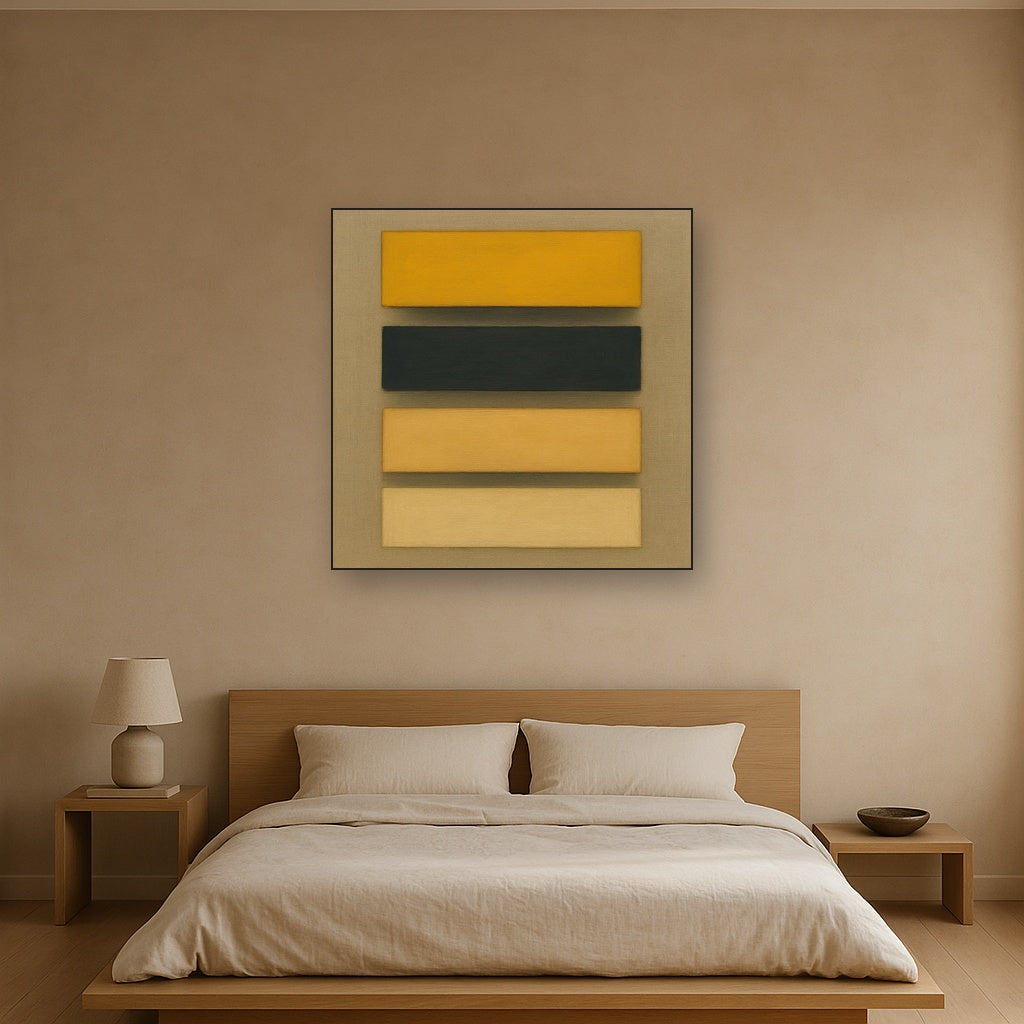 Stacked Horizon Blocks in Mustard & Charcoal No. 14 Oil Painting Staged Above Master Bed in Bedroom, Calming Neutral Hand Painted Oil Art