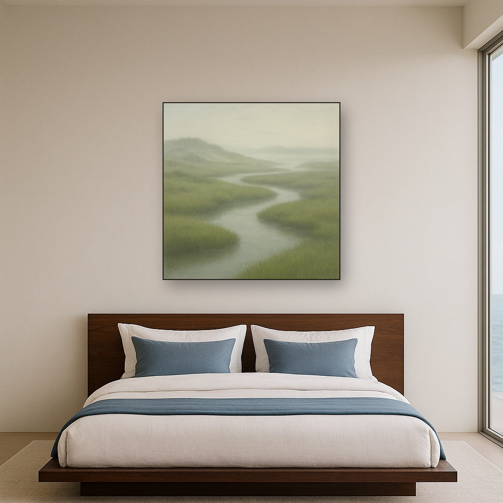 Morning Fog over Cape Cod Tidal Marsh No. 17 Oil Painting Staged Above Master Bed in Bedroom, Calming Neutral Hand Painted Oil Art