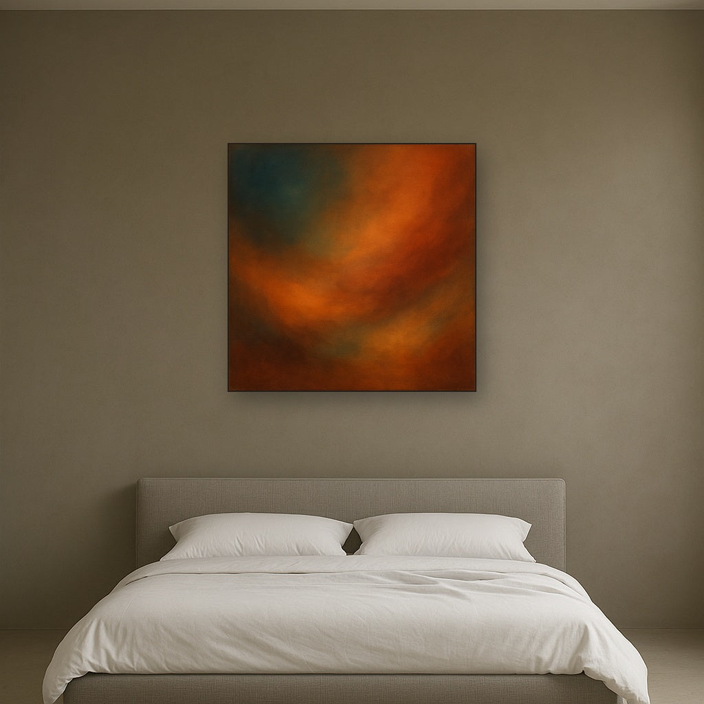 Deep Topaz & Spiced Terracotta Glow No. 4 Oil Painting Staged Above Master Bed in Bedroom, Calming Neutral Hand Painted Oil Art