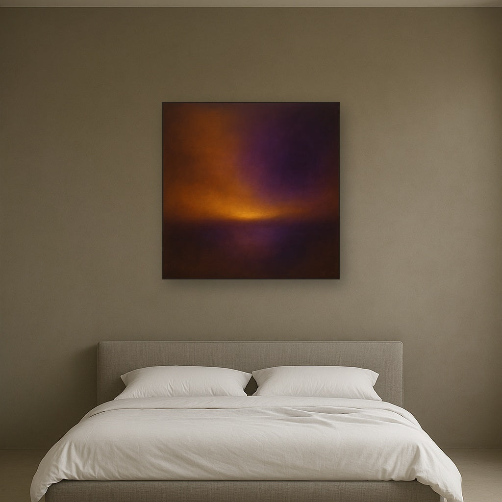 Burnt Amber & Velvet Amethyst Atmosphere No. 14 Oil Painting Staged Above Master Bed in Bedroom, Calming Neutral Hand Painted Oil Art