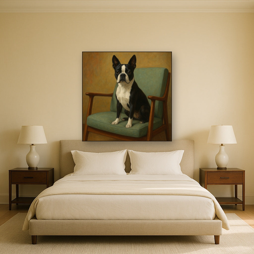 Boston Terrier in Warm Mid-Century Armchair No. 8 Fine Art Oil Painting - View 3