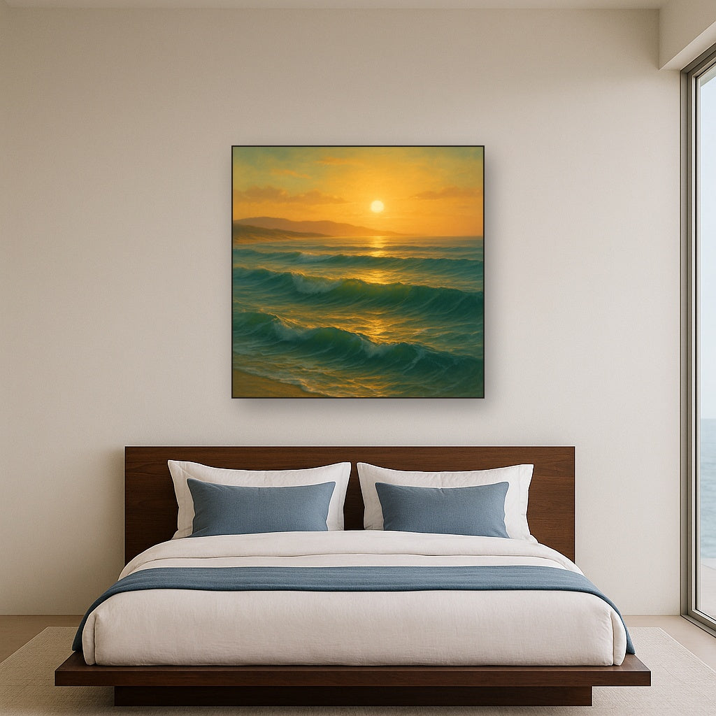 Golden Hour Sunlight on Ocean Swells No. 3 Oil Painting Staged Above Master Bed in Bedroom, Calming Neutral Hand Painted Oil Art