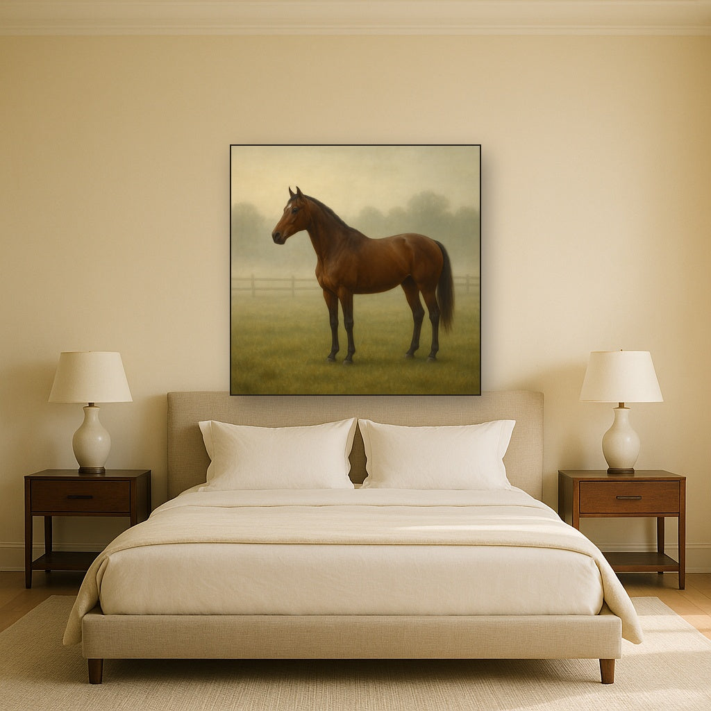 Thoroughbred in Morning Pasture Mist No. 8 Oil Painting Staged Above Master Bed in Bedroom, Calming Neutral Hand Painted Oil Art