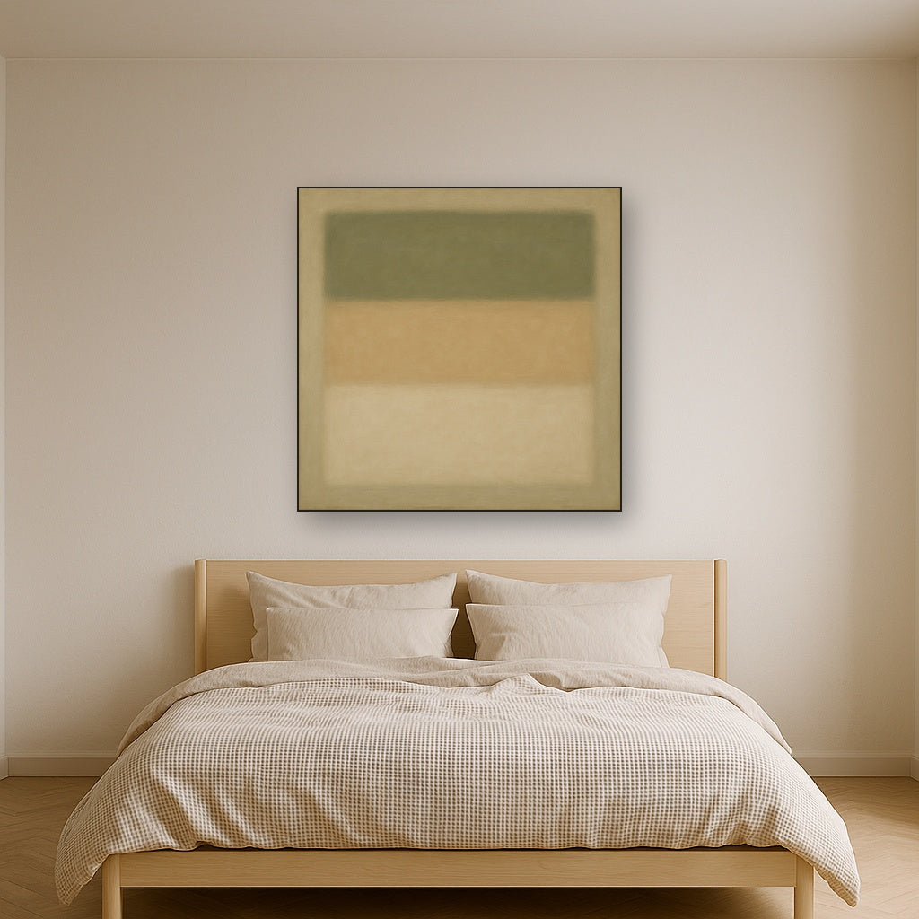 Sage Olive & Pale Sandstone Minimalist Harmony No. 11 Oil Painting Staged Above Master Bed in Bedroom, Calming Neutral Hand Painted Oil Art