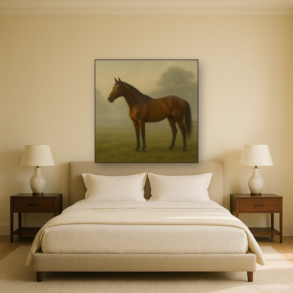 Thoroughbred in Morning Pasture Mist No. 3 Oil Painting - View 3