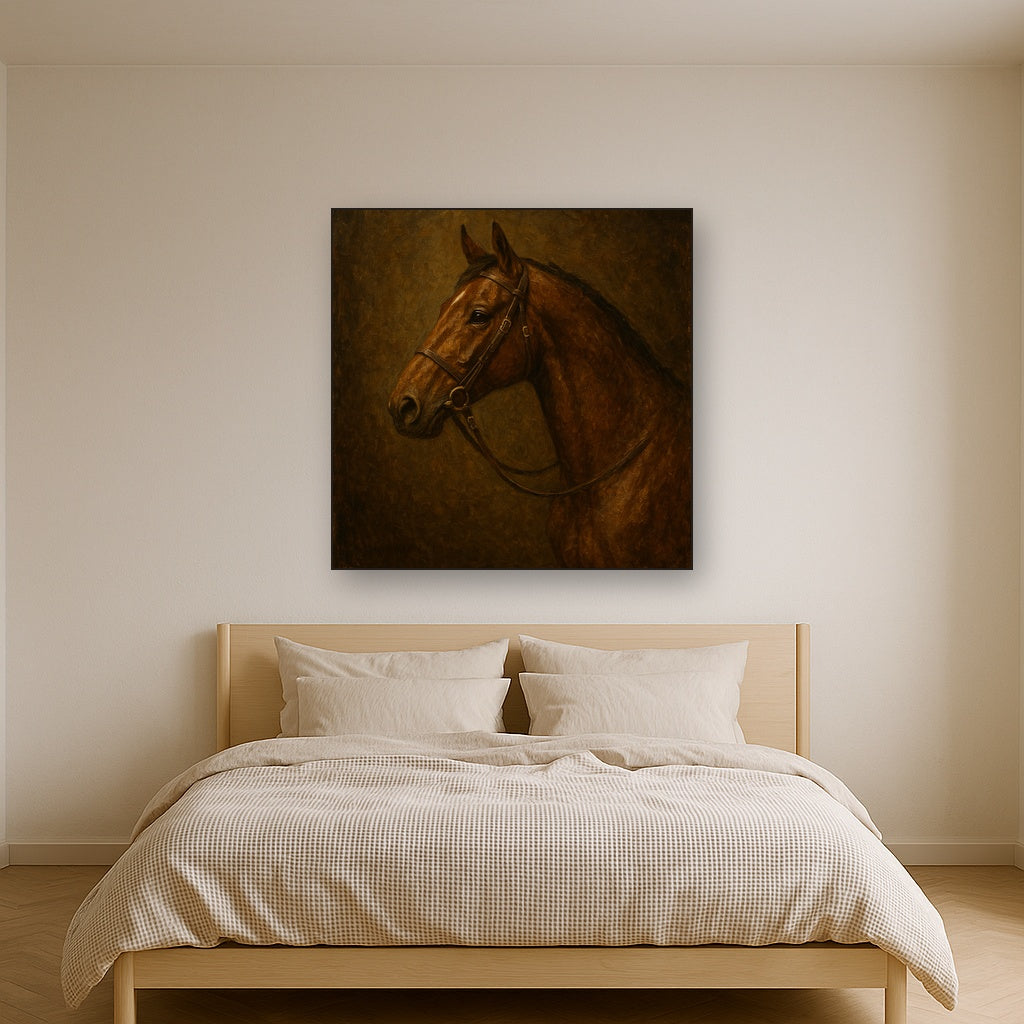 Vintage Equestrian Thoroughbred Portrait No. 3 Oil Painting - Styled in Master Bedroom