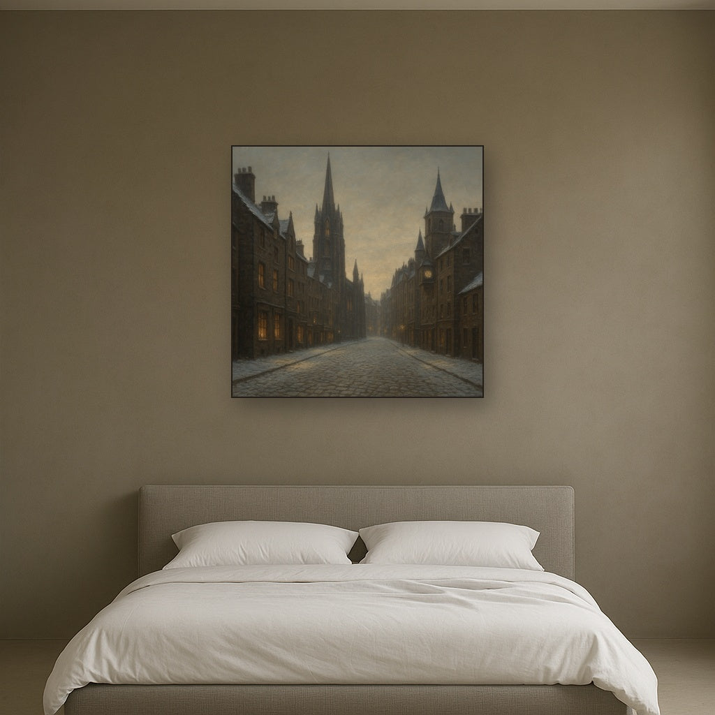 Edinburgh Old Town Royal Mile in Snow No. 26 Oil Painting Staged Above Master Bed in Bedroom, Calming Neutral Hand Painted Oil Art