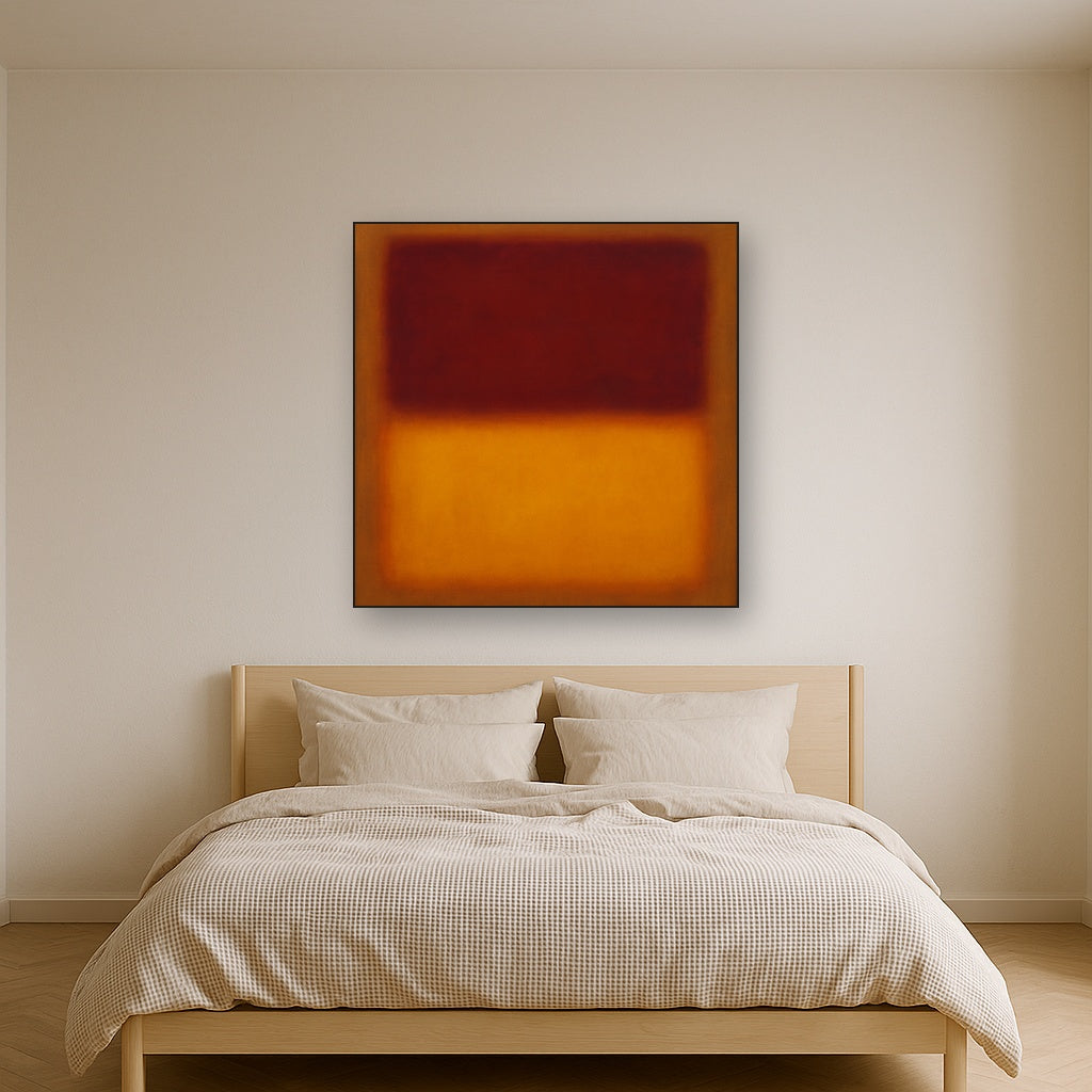 Crimson Burgundy & Saffron Gold Color Vibrations Oil Painting Staged Above Master Bed in Bedroom, Calming Neutral Hand Painted Oil Art