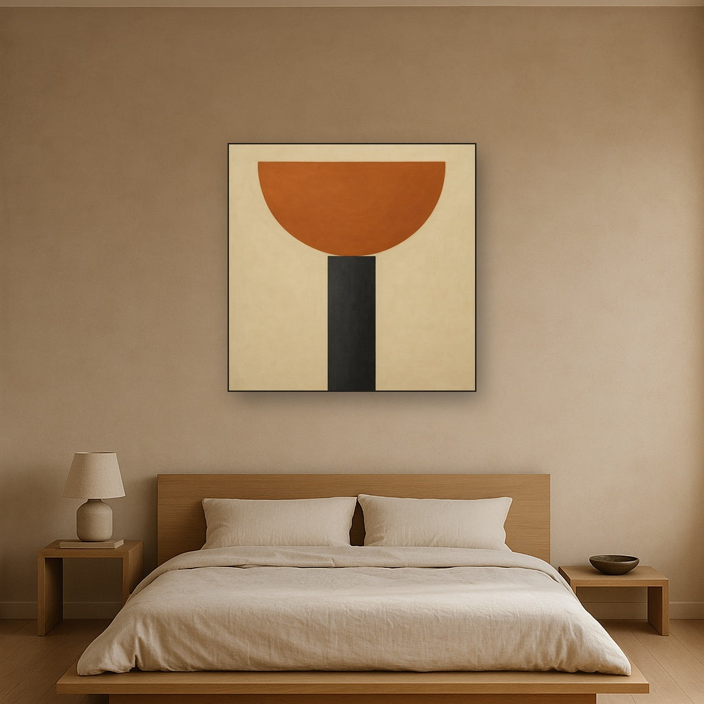 Semicircle Horizon & Minimalist Pillar No. 4 Oil Painting Staged Above Master Bed in Bedroom, Calming Neutral Hand Painted Oil Art