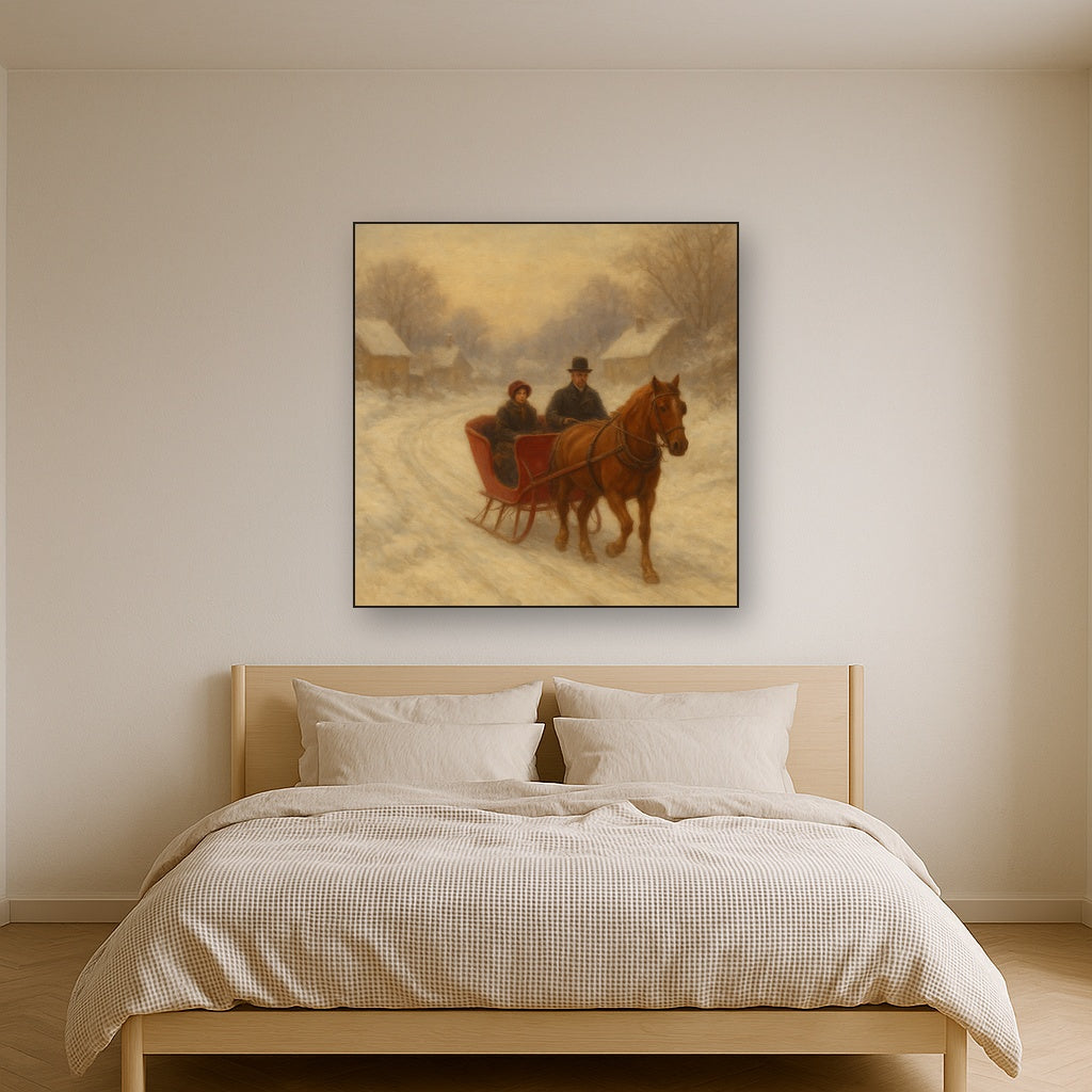 Horse-Drawn Sleigh on Village Snow Road No. 10 Oil Painting - View 3