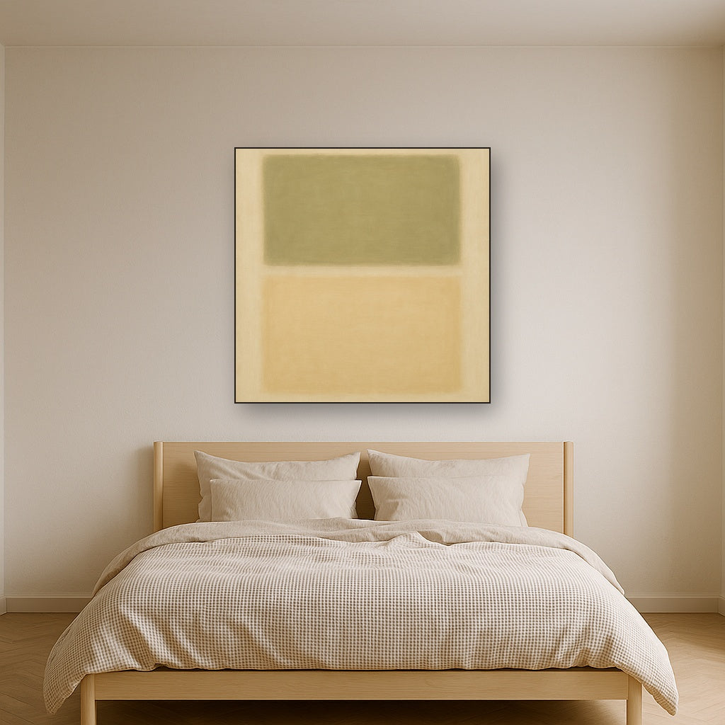 Sage Olive & Pale Sandstone Minimalist Harmony No. 4 Oil Painting Staged Above Master Bed in Bedroom, Calming Neutral Hand Painted Oil Art