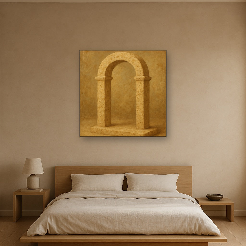 Travertine Stone Arch & Earth Tones No. 2 Oil Painting Staged Above Master Bed in Bedroom, Calming Neutral Hand Painted Oil Art