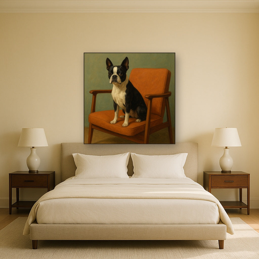 Boston Terrier in Warm Mid-Century Armchair No. 4 Fine Art Oil Painting - View 3