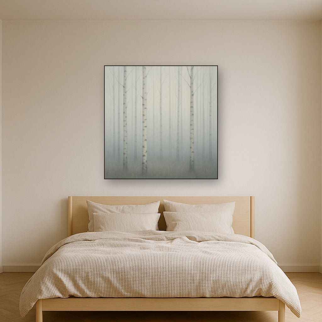 Pale Birch Woodland Silhouette in Whiteout No. 25 Oil Painting Staged Above Master Bed in Bedroom, Calming Neutral Hand Painted Oil Art