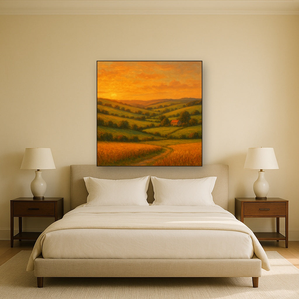 Rolling Pastoral Hills in Warm Golden Sunset Fine Art Oil Painting - View 3
