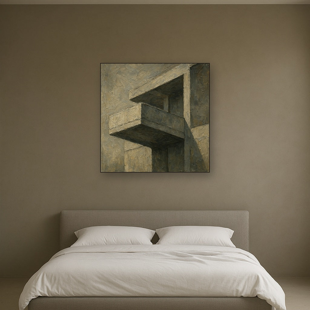Brutalist Cantilevered Balcony Study No. 6 Oil Painting - Styled in Master Bedroom