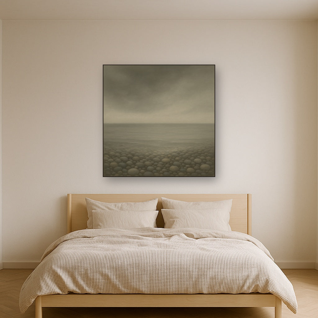 Overcast Coastal Fog & Wet Pebble Shingle No. 12 Oil Painting Staged Above Master Bed in Bedroom, Calming Neutral Hand Painted Oil Art