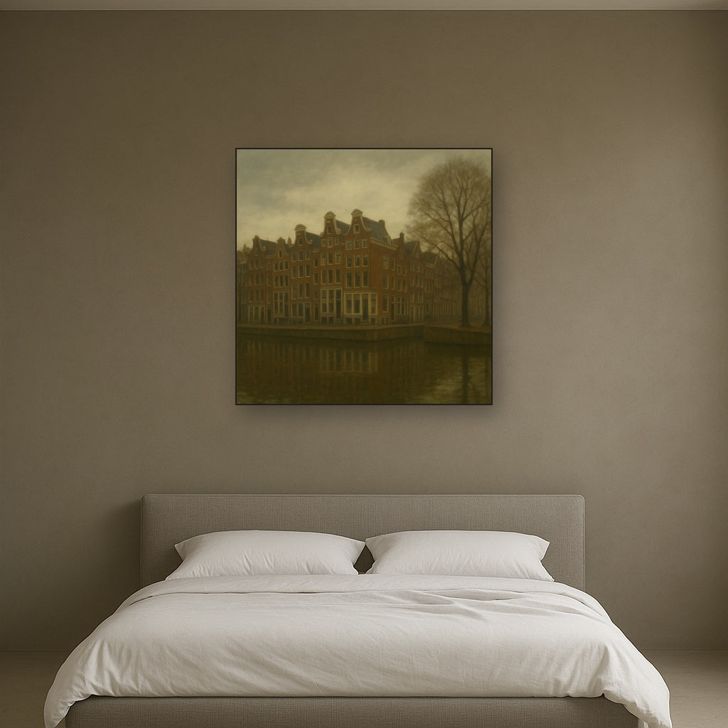 Amsterdam Canal Houses Under Overcast Sky No. 30 Oil Painting Staged Above Master Bed in Bedroom, Calming Neutral Hand Painted Oil Art