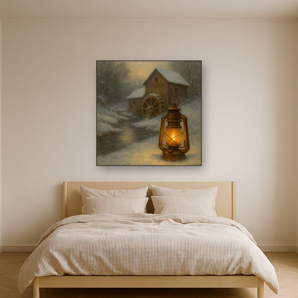 Snowy Mill Stream & Glowing Lantern No. 2 Oil Painting - View 3
