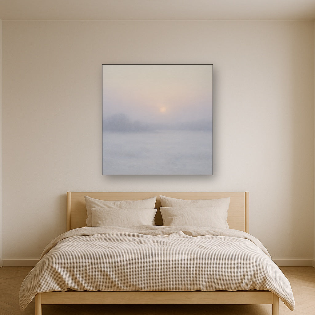 Winter Dawn Frost & Pale Silver Light No. 5 Oil Painting Staged Above Master Bed in Bedroom, Calming Neutral Hand Painted Oil Art