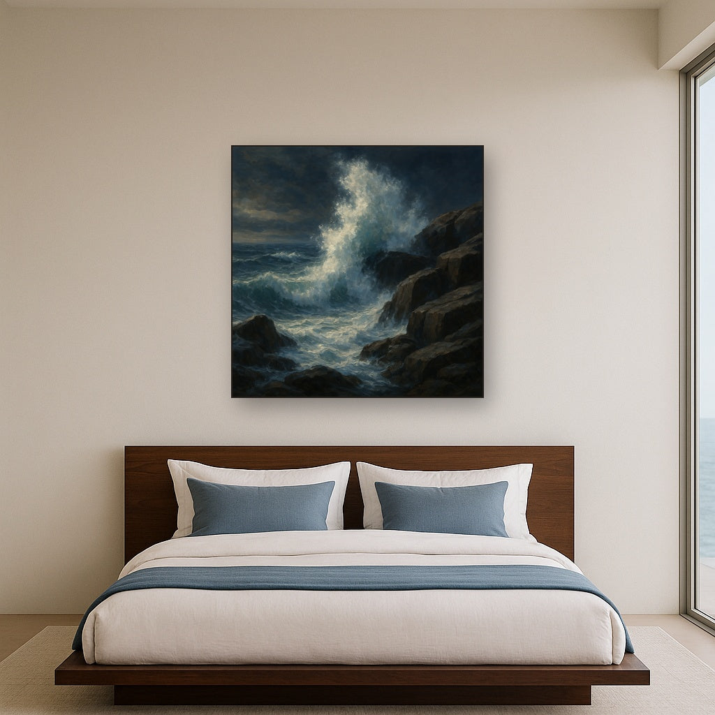 Dramatic Storm Waves on Crashing Granite Rocks Fine Art Oil Painting - View 3