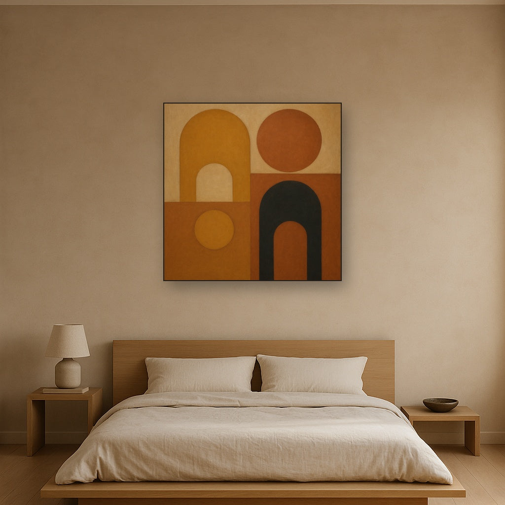 Arch & Circle Equilibrium in Warm Earth Tones No. 8 Oil Painting Staged Above Master Bed in Bedroom, Calming Neutral Hand Painted Oil Art
