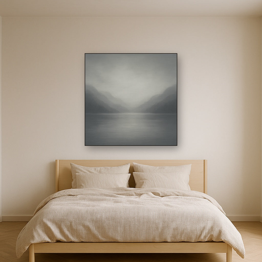 Misty Fjord Horizon in Monochromatic Slate No. 23 Oil Painting Staged Above Master Bed in Bedroom, Calming Neutral Hand Painted Oil Art