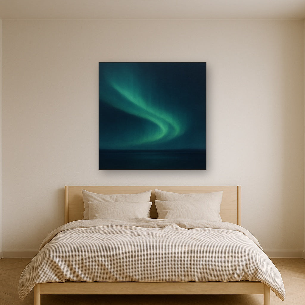 Aurora Borealis Veil in Deep Midnight Indigo No. 18 Oil Painting Staged Above Master Bed in Bedroom, Calming Neutral Hand Painted Oil Art