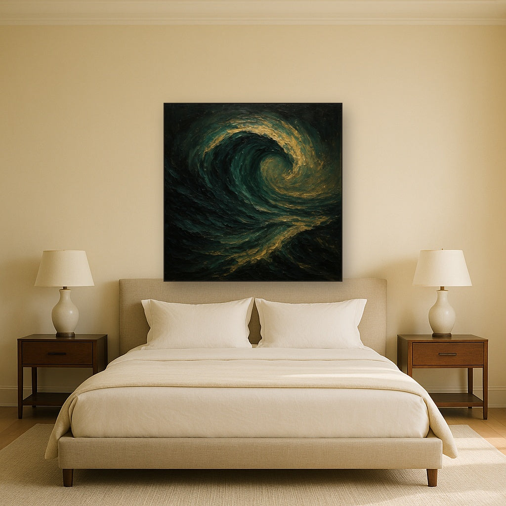 Deep Emerald & Obsidian Swell Oil Painting - Styled in Master Bedroom