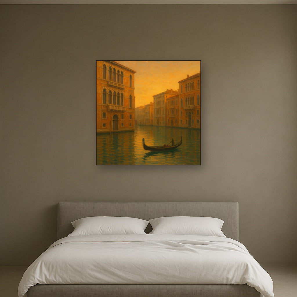 Venetian Canal Palaces at Golden Hour No. 3 Oil Painting Staged Above Master Bed in Bedroom, Calming Neutral Hand Painted Oil Art