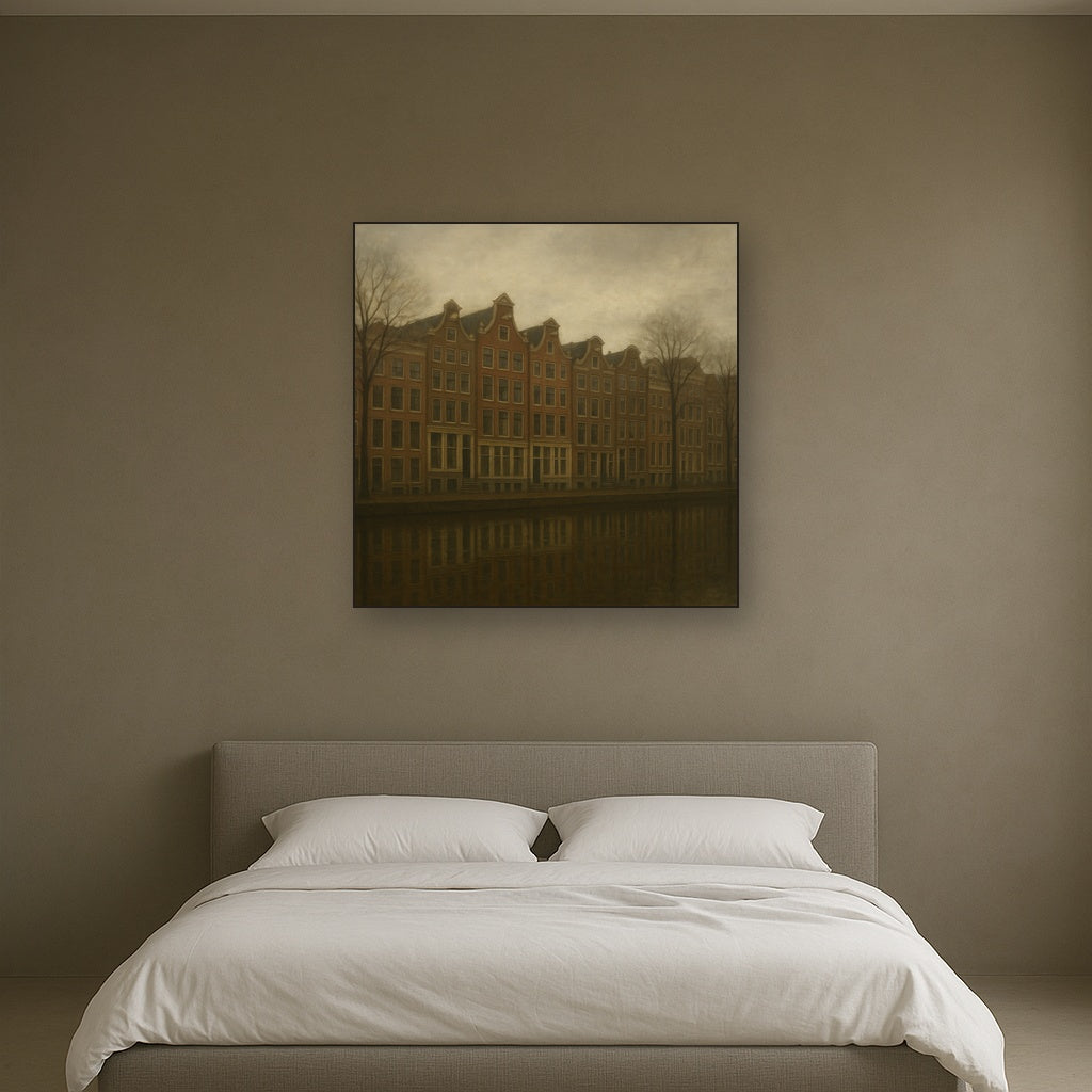 Amsterdam Canal Houses Under Overcast Sky No. 6 Oil Painting Staged Above Master Bed in Bedroom, Calming Neutral Hand Painted Oil Art