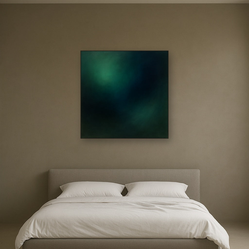 Emerald & Midnight Sapphire Sfumato Immersion No. 7 Oil Painting Staged Above Master Bed in Bedroom, Calming Neutral Hand Painted Oil Art