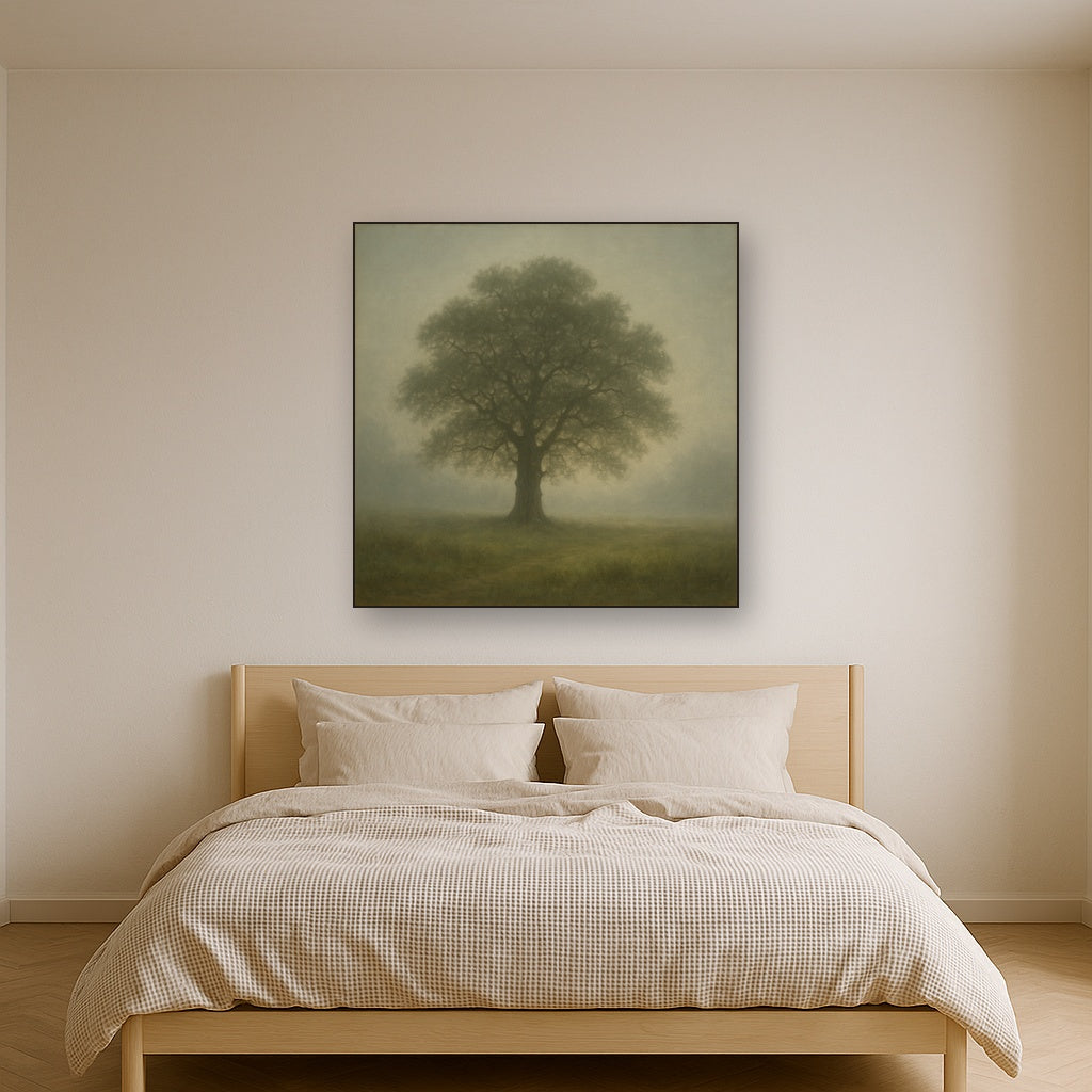 Ancient Solitary Oak in Morning Fog No. 4 Oil Painting - View 3