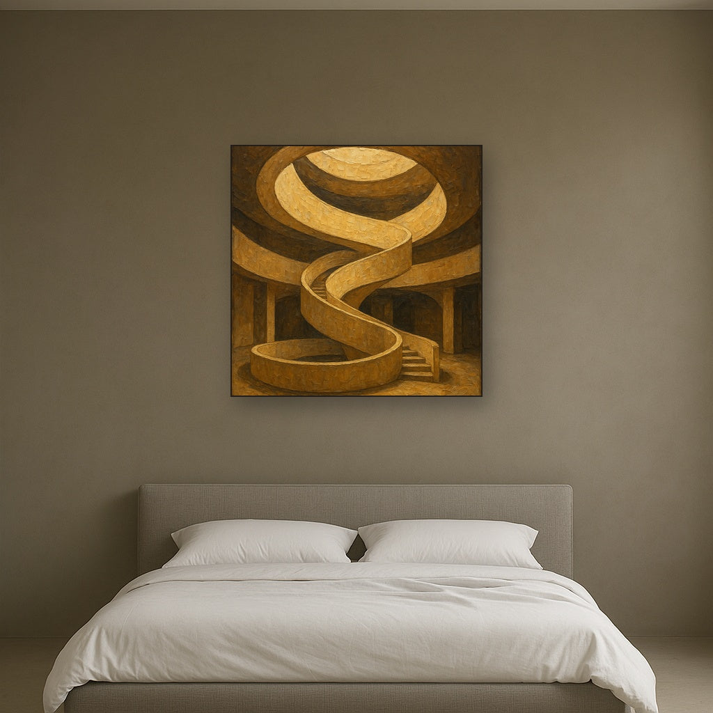 Travertine Spiral Atrium Perspective No. 6 Oil Painting - Styled in Master Bedroom