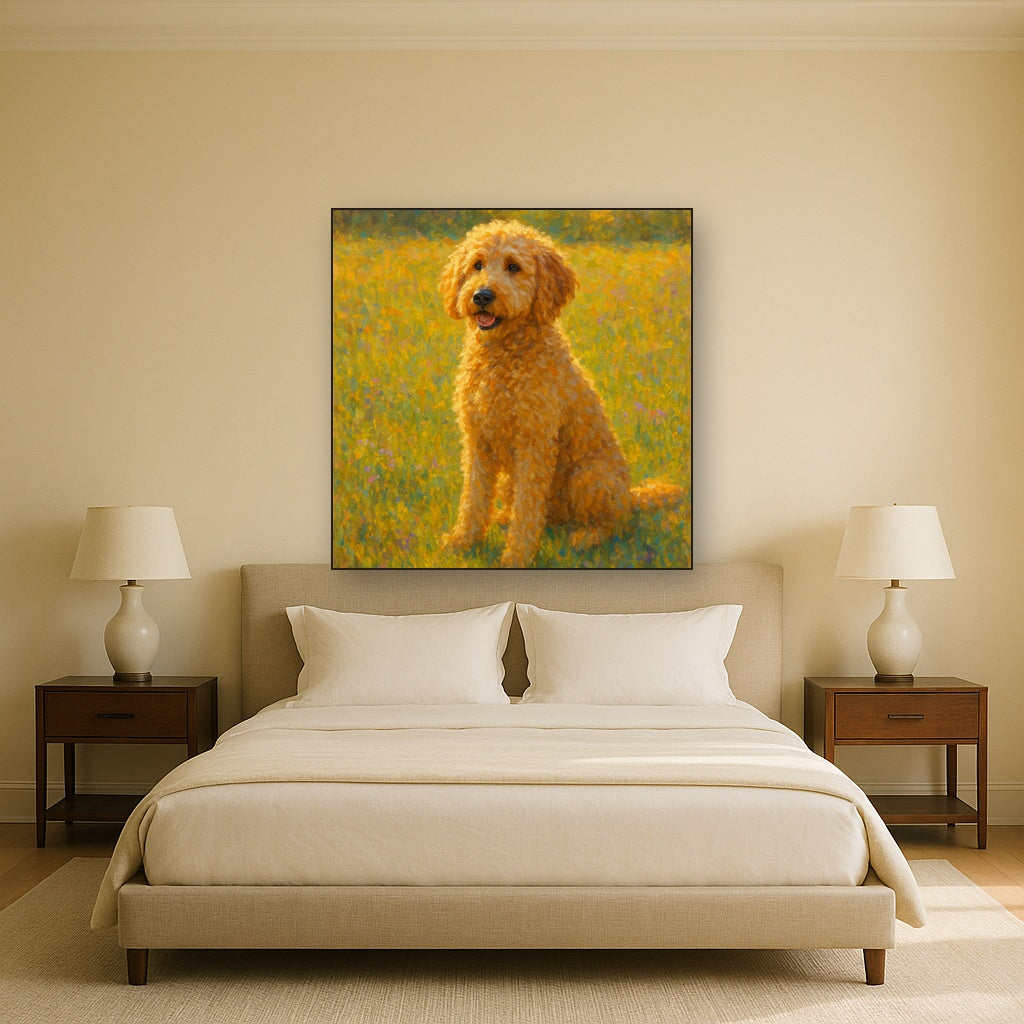 Fluffy Goldendoodle in Sun-Drenched Meadow No. 11 Fine Art Oil Painting - View 3