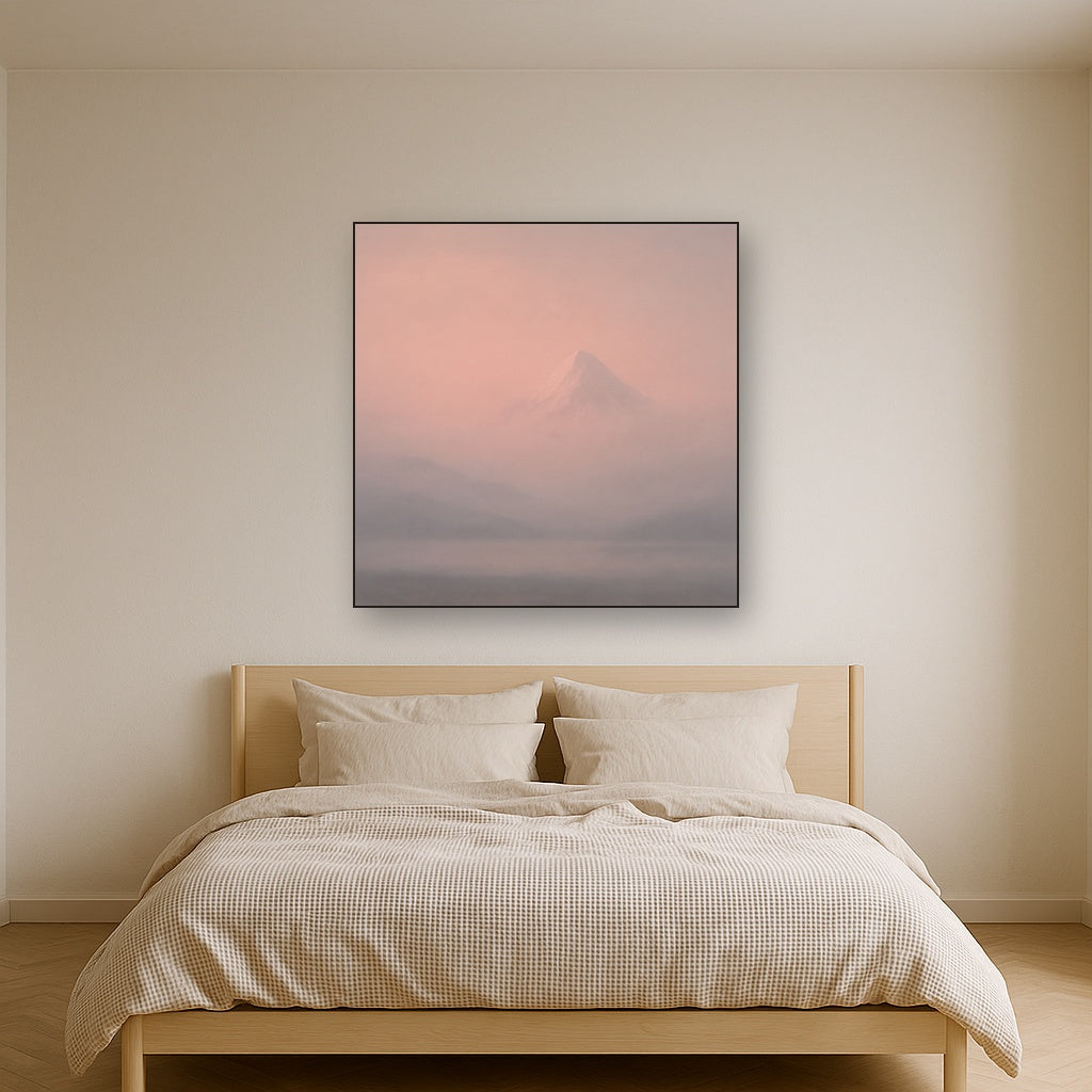 Pale Alpenglow over Distant Glacial Peak No. 23 Oil Painting Staged Above Master Bed in Bedroom, Calming Neutral Hand Painted Oil Art