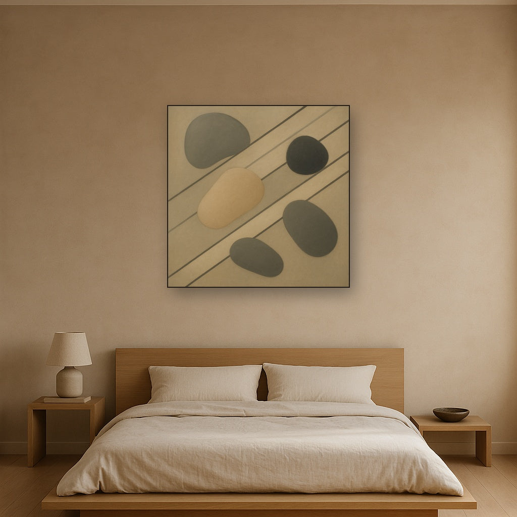 Organic Pebble Contours & Slanted Lines No. 12 Oil Painting Staged Above Master Bed in Bedroom, Calming Neutral Hand Painted Oil Art