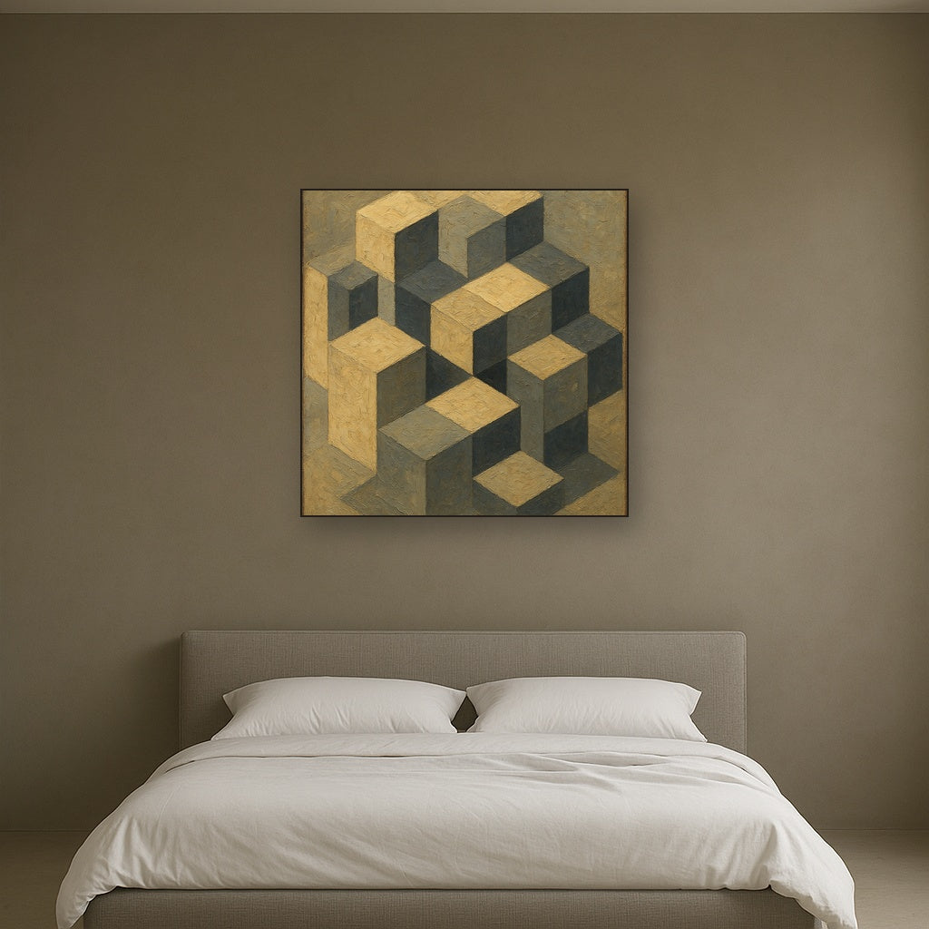 Isometric Modernist Cube Abstraction No. 3 Oil Painting - Styled in Master Bedroom