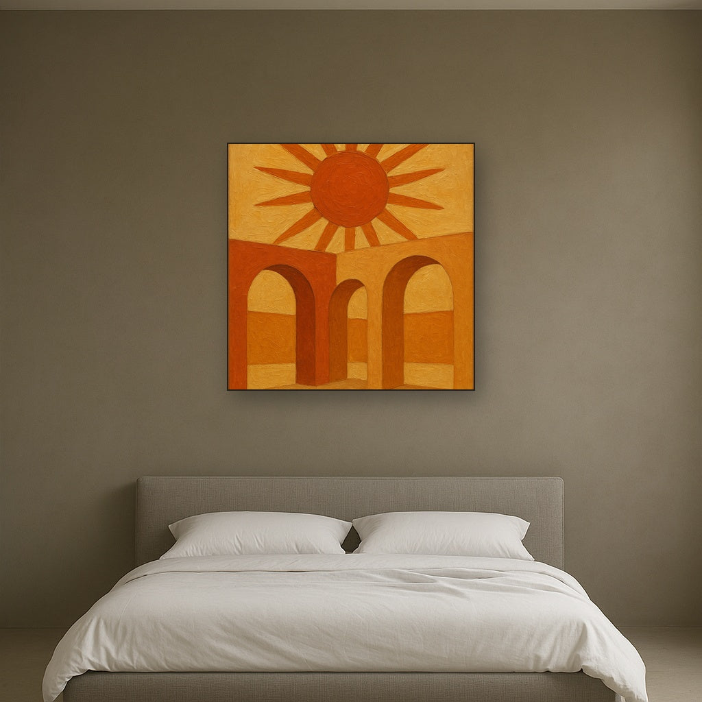Mid-Century Terracotta Sun & Arches Oil Painting - Styled in Master Bedroom