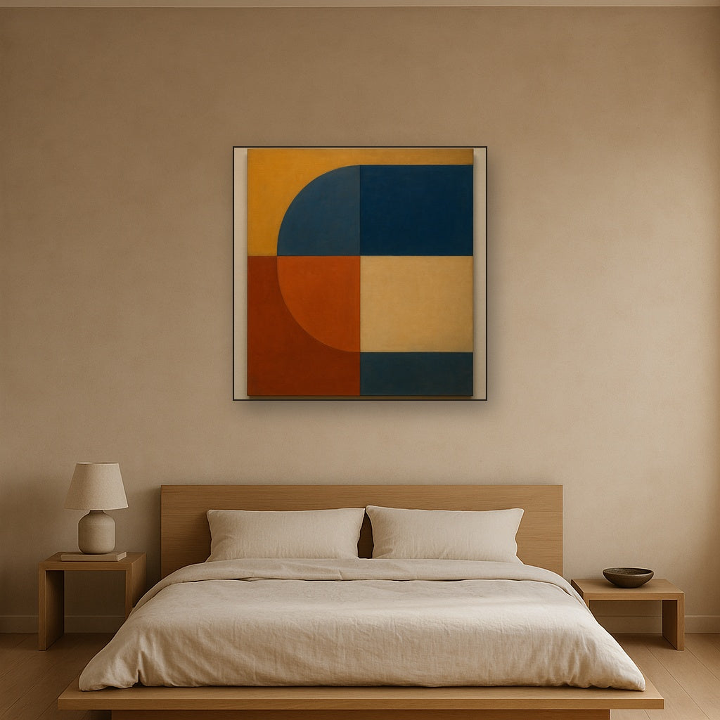 Bauhaus Quadrant Harmony in Primary Earth Tones No. 20 Oil Painting Staged Above Master Bed in Bedroom, Calming Neutral Hand Painted Oil Art