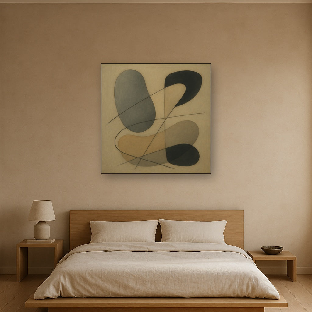 Organic Pebble Contours & Slanted Lines No. 4 Oil Painting Staged Above Master Bed in Bedroom, Calming Neutral Hand Painted Oil Art