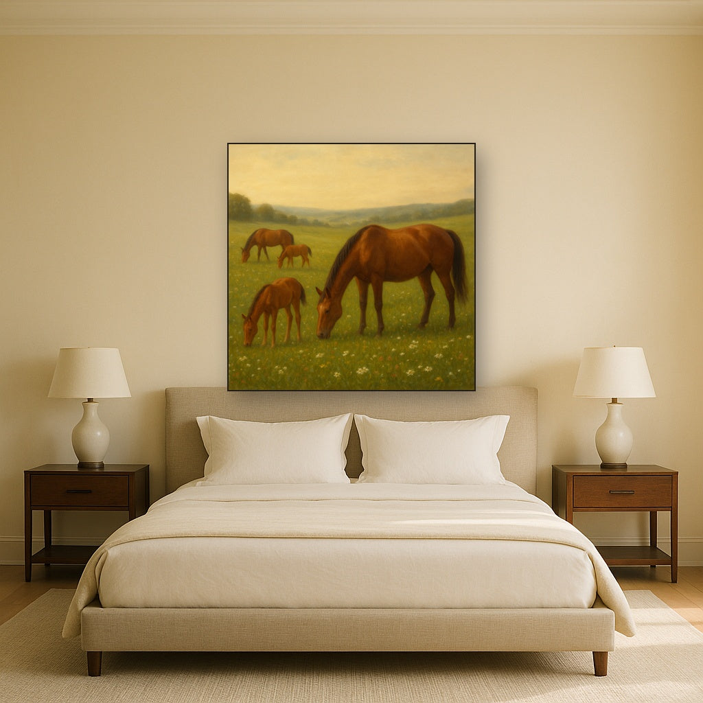 Mares & Foals Grazing in Rolling Meadow No. 8 Oil Painting - View 3